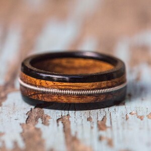 Tennessee Whiskey Barrel and Ebony Ring with Guitar String Inlay Mens Wedding Band Womens Ring Anniversary Gift Wood Engagement Ring image 3