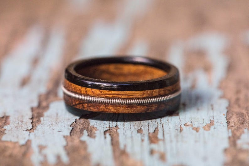 Tennessee Whiskey Barrel and Ebony Ring with Guitar String Inlay Mens Wedding Band Womens Ring Anniversary Gift Wood Engagement Ring image 3