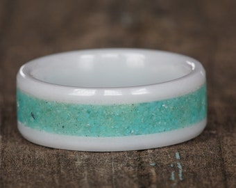 Turquoise White Ceramic Ring - Men 8mm Women 4mm Wedding Band Engagement Honeymoon Anniversary December Birthstone