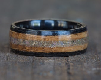 Whiskey Barrel and Ebony Wood Natural Opal Black Ceramic Ring