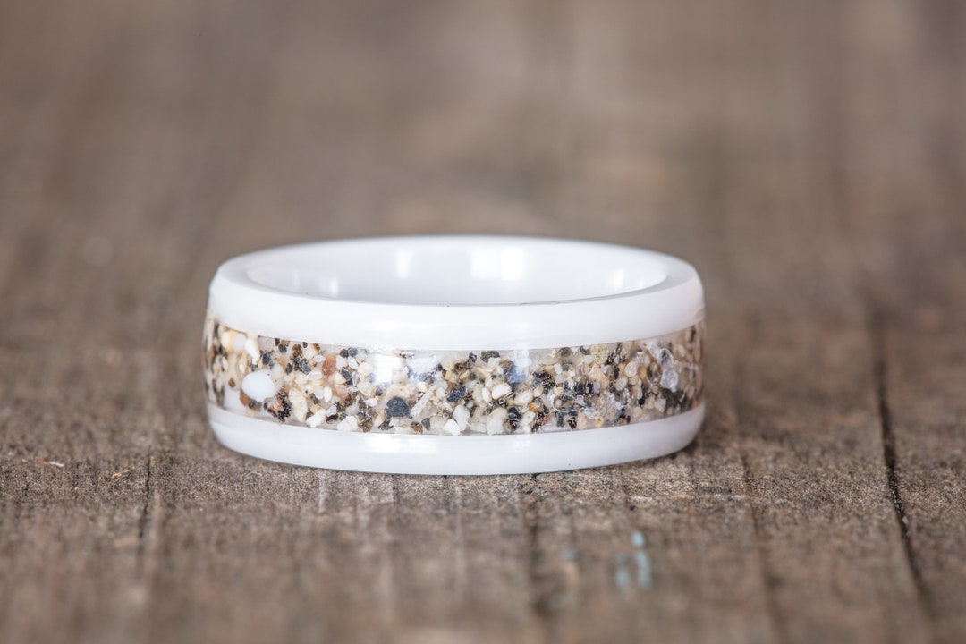 Your Sand Inlay White Ceramic Ring - Use Your Own Sand! Men 8mm Women ...