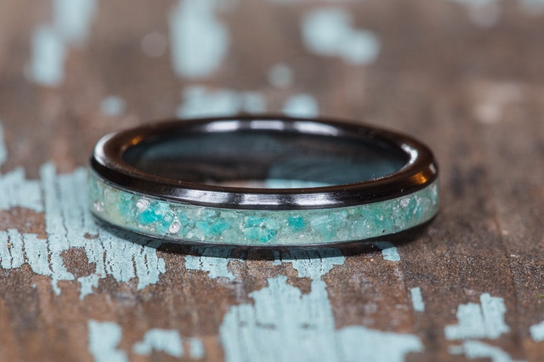 Natural Green Amazonite Layering Ring Women 4mm Wide Wedding Band Engagement Anniversary Gift Amazonite Inlay Black Ceramic Stacking Ring