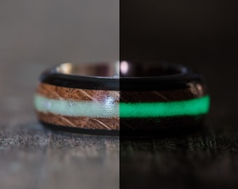 Tennessee Whiskey Barrel, Ebony, and Titanium Ring with Green Glow in the Dark Inlay