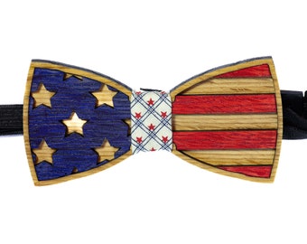 Handcrafted Wooden Bowtie - American Flag Design with Tennessee Whiskey Barrel Wood - Perfect 4th of July Accessory!