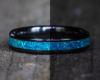 Glowing Blue Opal Black Ceramic Stacking Ring