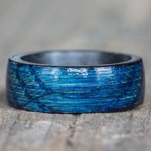 Blue Whiskey Barrel Wood Ring: Carbon Fiber Band, Reclaimed Wood