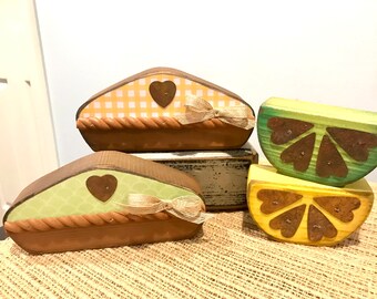 Key lime pie. Lemon meringue pie. 4th of July. Picnic decor. Summer wood decor. Modern prims. Wood fruit. Fruit slice. Lemonade. Summertime.