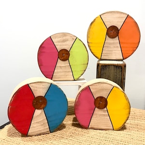 Cute Wooden beach ball. Beach decor. Summer decor. Wood beach ball. Pool decor. Colorful Summer Tiered tray decor. Vacation decor.