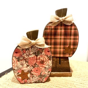 Fall pumpkins. Coordinating wood papered pumpkins. Fall decor. Plaid Wood pumpkin. Mod podge pumpkins. Thanksgiving decor. Floral pumpkin.