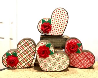Christmas wood hearts. Papered hearts. Modern prims. Valentines Day decor. Wooden Heart decor. Valentine decor. Red hearts. Felt flowers.