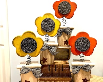 Wood sunflower. Fall decor. Bobble flower. Country wood flower pot. Sunflower decor. Rustic country flower pot. Handmade wooden sunflowers.