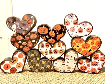 Pumpkin jack hearts. Halloween pumpkins decor. Fall wood decor. Coordinating fall hearts tray decor. Decoupage wood hearts. Modern prims.