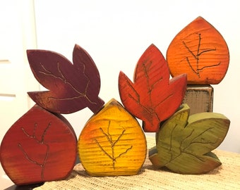 Restocked! Colorful carved leaves. Fall tiered tray. Wood leaves. Fall leaves. Autumn wood. Fall wood decor. Halloween tiered tray.