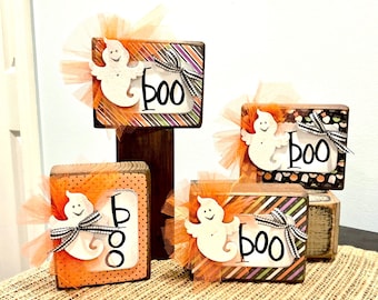 Boo. Halloween signs. Halloween tiered tray decor. Halloween boo block. Halloween decor. Fall wood decor. Modern prims. Ghost signs. Spooky.