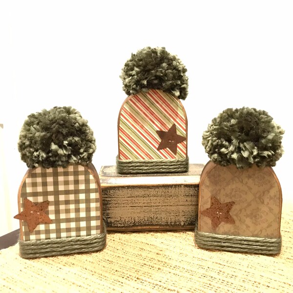 Cozy winter hats. Pom pom hats. Winter tiered tray decor. Winter wood decor. Modern Prims. Christmas decor. Wooden hats. Snowman decor.