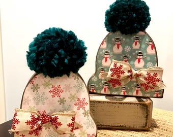 Cozy winter hats. Pom pom hats. Winter tiered tray decor. Winter wood decor. Modern Prims. Christmas decor. Wooden hats. Snowman decor.