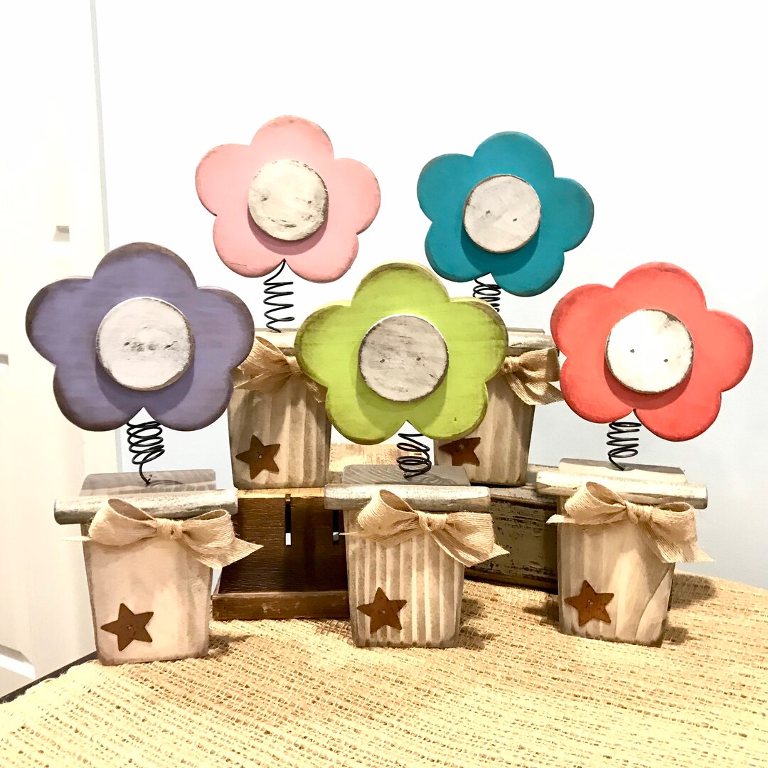 Wood Flowers. Bobble Flower. Country Wood Flower Pot. Spring Decor