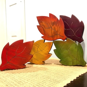 Restocked! Larger colorful carved leaves. Fall decor. Large Wood leaves. Fall leaves. Autumn wood. Fall wood decor. Autumn wood tiered tray.