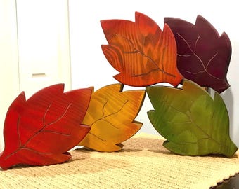 Restocked! Larger colorful carved leaves. Fall decor. Large Wood leaves. Fall leaves. Autumn wood. Fall wood decor. Autumn wood tiered tray.