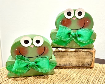 Wooden frog. Ribbit. Green frog. Spring decor. Boys room decor. Summer decor. Happy wood frog. Nursery decor. Baby boy tiered tray decor.