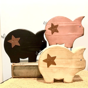 Cute colorful pigs. Country decor. Wood pigs. Farmhouse pig. Barnyard wood decor. Wooden farm animals. Pink pig. Black pigs. Country pig.