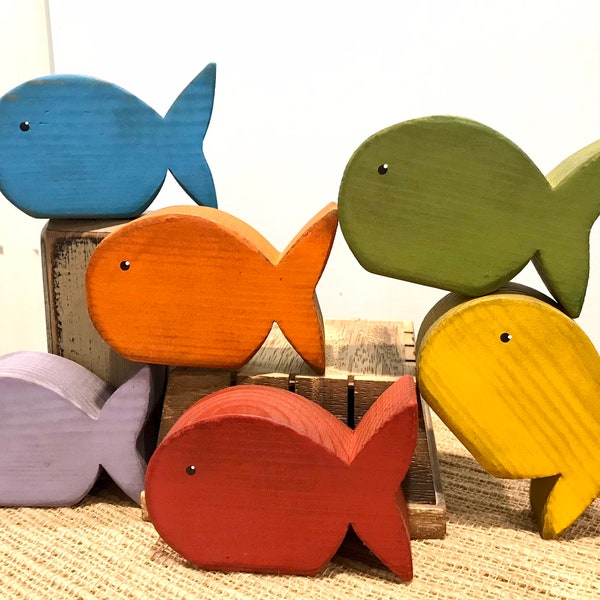 Wooden fish. Beach decor. Summer decor. Happy wood fish. Tropical wood fish decor. Colorful fish. Lake decor. Tiered tray decor. Goldfish