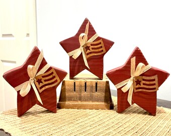 One wood star. Patriotic tray decor. Americana decor. Stars and stripes. Americana stars. Modern prims. America 250 decor. Wooden star. Flag