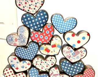 Fireworks. Fourth of July. Americana decor. USA. Patriotic wood decor. Red white blue. Firecracker wooden hearts. Modern prims. Uncle Sam.