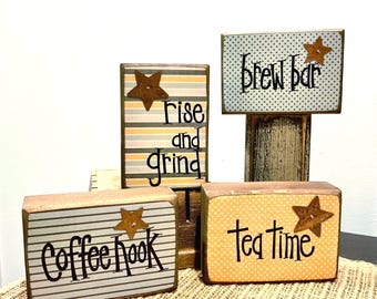 Rise and grind. Coffee bar. Wood coffee decor. Coffee bar tiered tray decor. Brew bar. Modern Prims. Coffee decor. Coffee nook. Tea time.