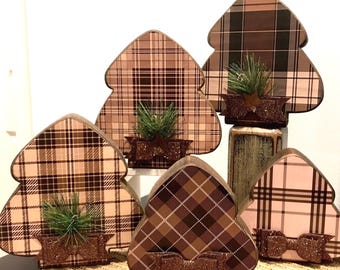 Brown tree. Brown plaid trees. Wood trees. Christmas tree decor. Modern Prims. Brown and tan wooden trees. Tartan. Buffalo plaid check.