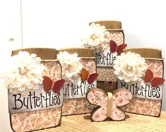 Butterflies. Country mason jar. Summer decor. Wooden jar. Wood butterfly mason jar. Modern prims. Spring decor. Wooden Butterfly decor.