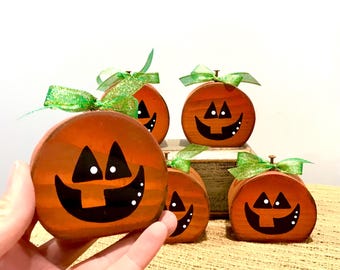 Cute mini pumpkin decor. Fall Wooden bowl fillers. Fall wood decor. Wood pumpkins. Halloween tiered tray. Jack o lantern pumpkins.