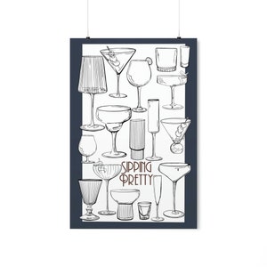 Matte Vertical Posters, drink print, wallart, bar cart accessory, hand drawn glasses,  drinkware, prints, drink lover