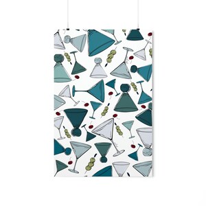 Matte verticale posters, martini print, wallart, bar cart accessoire, handgetekende glazen, kleurrijke wijnglazen,