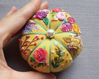 Hand Embroidered Pin Cushion, Floral Pumpkin Pincushion, Gift for sewers, Gift for Crafters, Gift for Mum, Sewing lovers, Sewing essentials