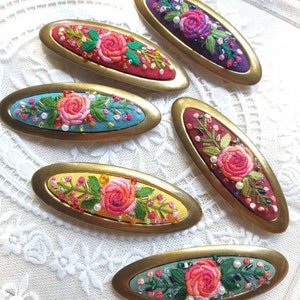 Oval Hairclips, French Barrette Hair Clips, Hand Embroidered Hair Slides, Flower Hair Clip, Vintage Oval hairclips, Hair Clips for Fine Hair image 9