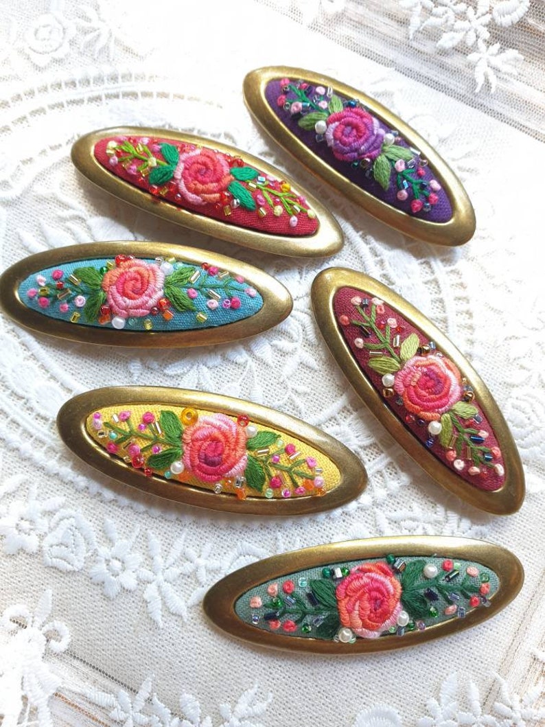 Oval Hairclips, French Barrette Hair Clips, Hand Embroidered Hair Slides, Flower Hair Clip, Vintage Oval hairclips, Hair Clips for Fine Hair image 9