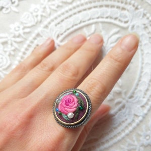 Hand Stitched Vintage Floral Ring, Hand Embroidered Floral Ring, Adjustable Flower Ring, Handmade Jewellery, Embroidered Round Ring