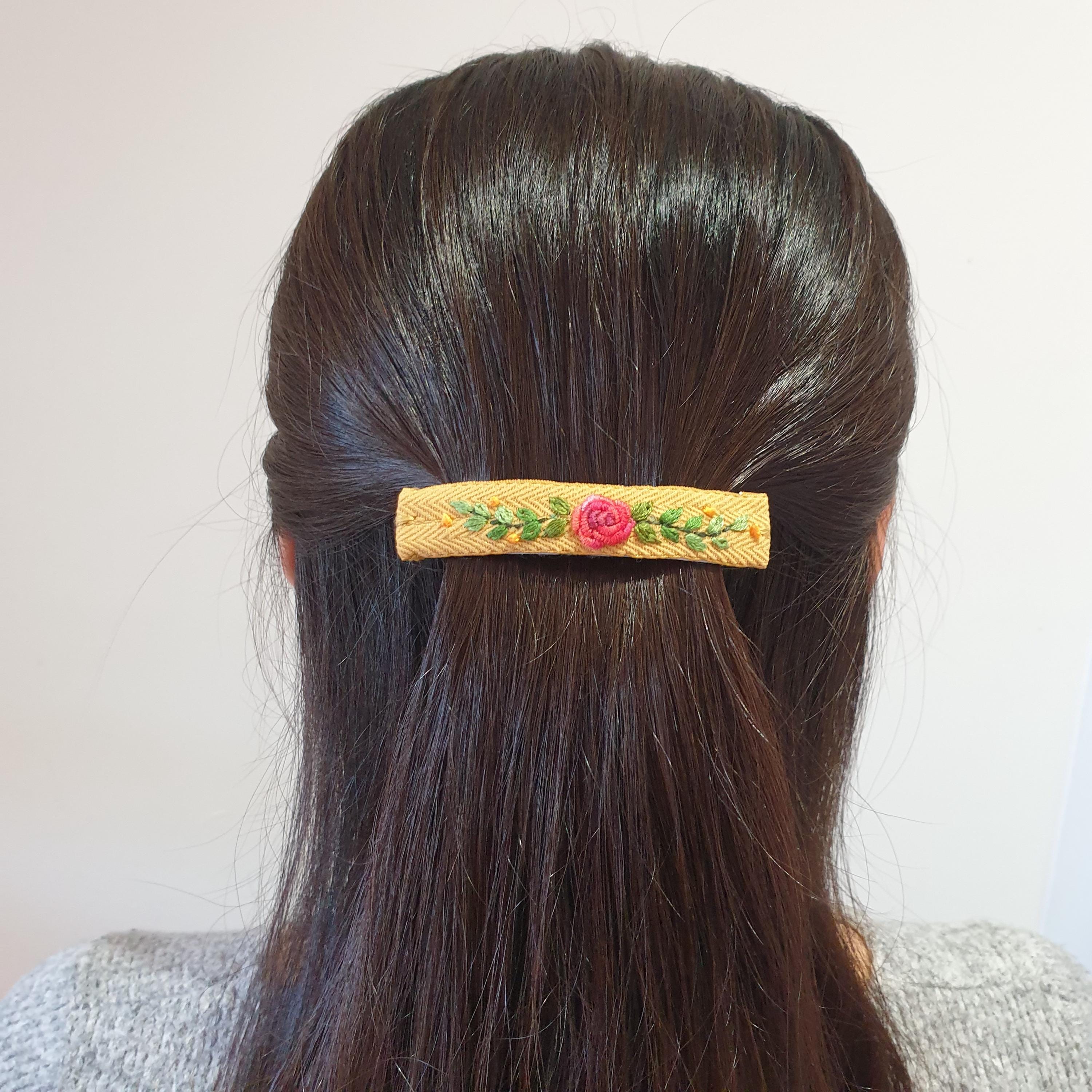 Hairclips, French Barrette, Hand Embroidered Flower Hair Clip