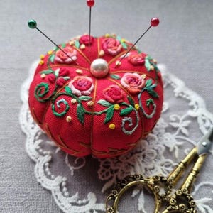 Hand Embroidered Big Pumpkin Pincushion: Floral Red Sewing Needle Holder, Gift for Crafter, Sewing Lover Essentials image 4