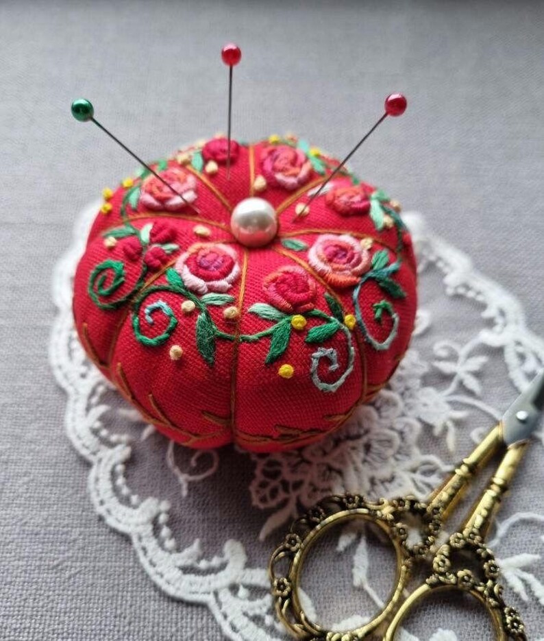 Hand Embroidered Big Pumpkin Pincushion: Floral Red Sewing Needle Holder, Gift for Crafter, Sewing Lover Essentials image 4