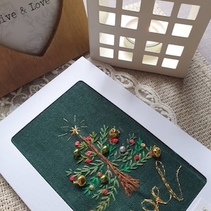 Christmas Tree Cards, Hand Embroidered Christmas Cards, Unique Decorative Christmas Cards, Red & Green Christmas card, Fabric X-mas Cards