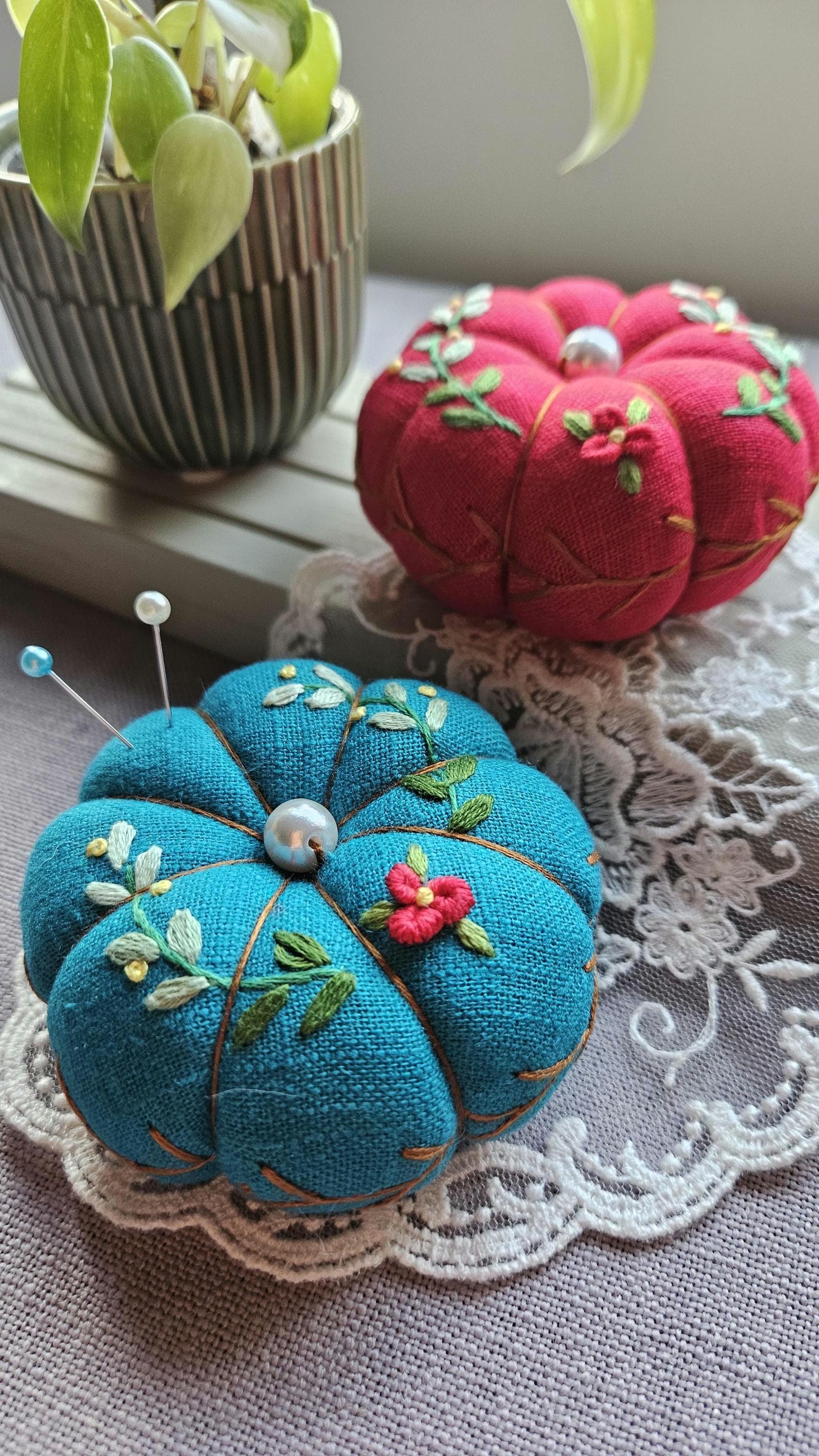 Hand Embroidered Floral Pumpkin Pincushion, Cute Decorative Firm