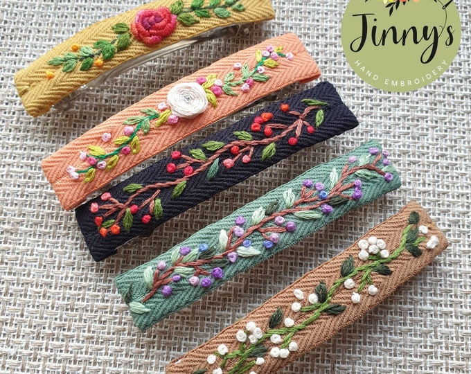 Hairclips, French Barrette, Hand Embroidered Flower Hair Clip, Hair Clip For Women, Floral Hair Accessories, Gift for her, Birthday Gift