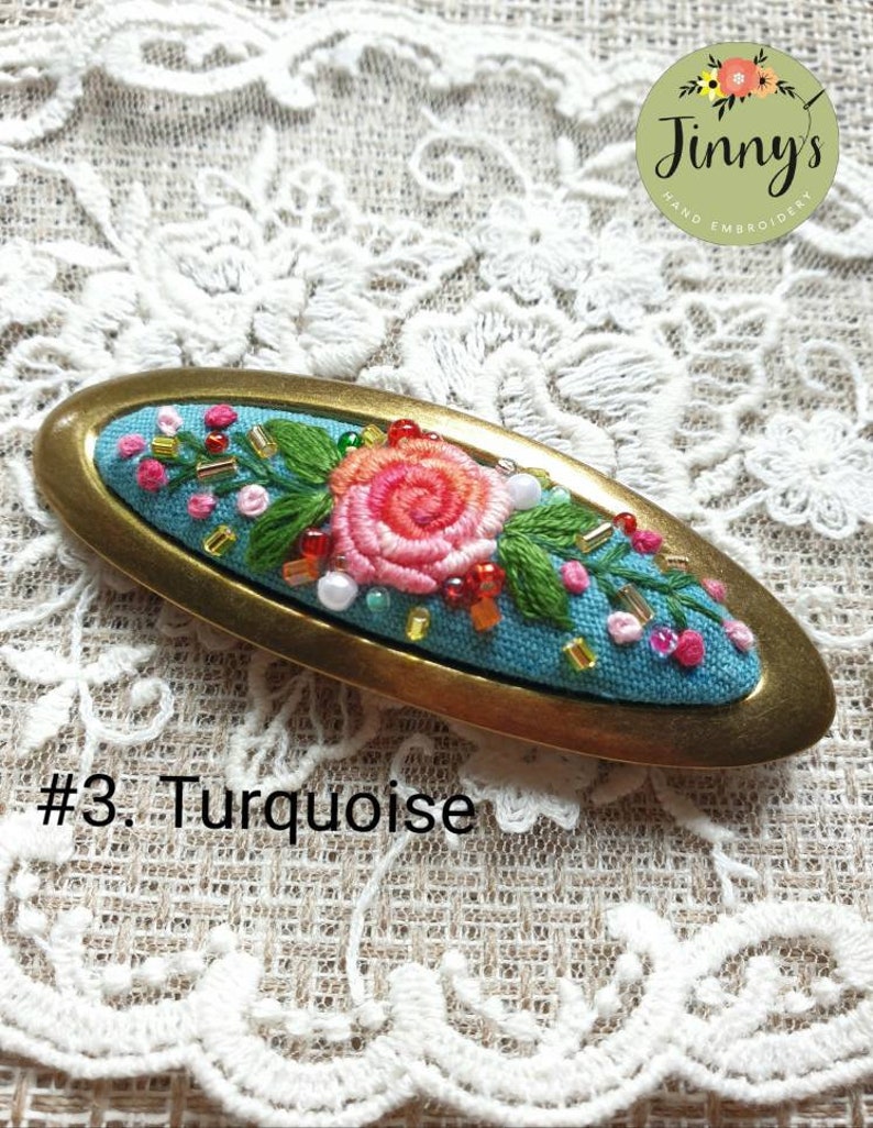 Oval Hairclips, French Barrette Hair Clips, Hand Embroidered Hair Slides, Flower Hair Clip, Vintage Oval hairclips, Hair Clips for Fine Hair image 4