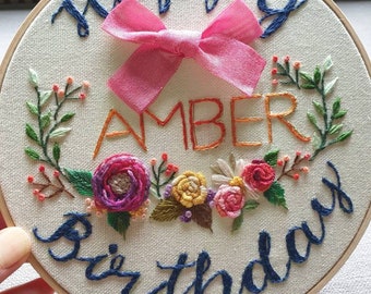 Personalised Hand Embroidered Birthday Hoop, Customized Birthday Gift, Hand Embroidered Hoop Art, Unique Birthday Gift, Custom Birthday Gift
