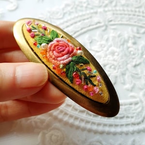 Oval Hairclips, French Barrette Hair Clips, Hand Embroidered Hair Slides, Flower Hair Clip, Vintage Oval hairclips, Hair Clips for Fine Hair image 1