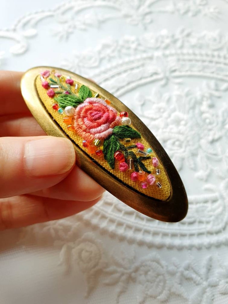 Oval Hairclips, French Barrette Hair Clips, Hand Embroidered Hair Slides, Flower Hair Clip, Vintage Oval hairclips, Hair Clips for Fine Hair image 1