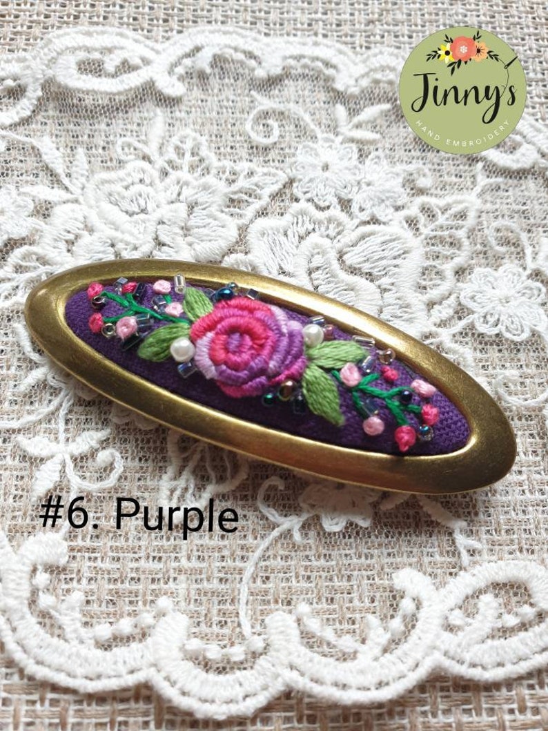 Oval Hairclips, French Barrette Hair Clips, Hand Embroidered Hair Slides, Flower Hair Clip, Vintage Oval hairclips, Hair Clips for Fine Hair image 7
