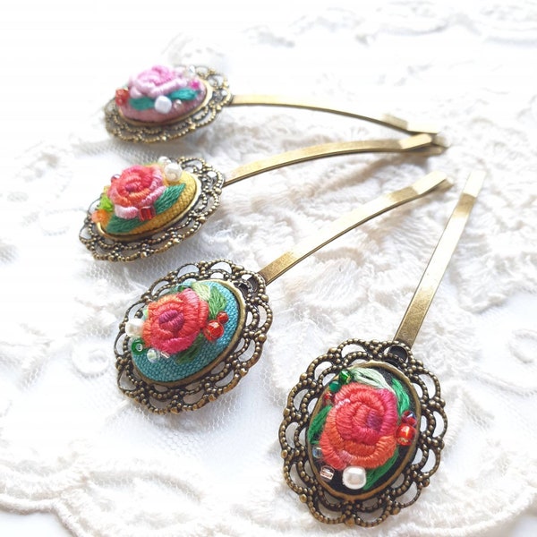 Floral Bobbypins, Hand Embroidered Rose Bobbypins, Small Vintage Hairclips, Hairslides with flowers, Oval Hair Pin, Antique Brass Hairpins